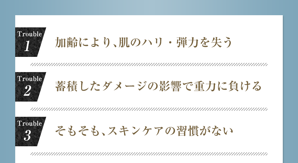 Trouble1.加齢により、肌のハリ・弾力を失う　Trouble2.蓄積したダメージの影響で重力に負ける　Trouble3.そもそも、スキンケアの習慣がない